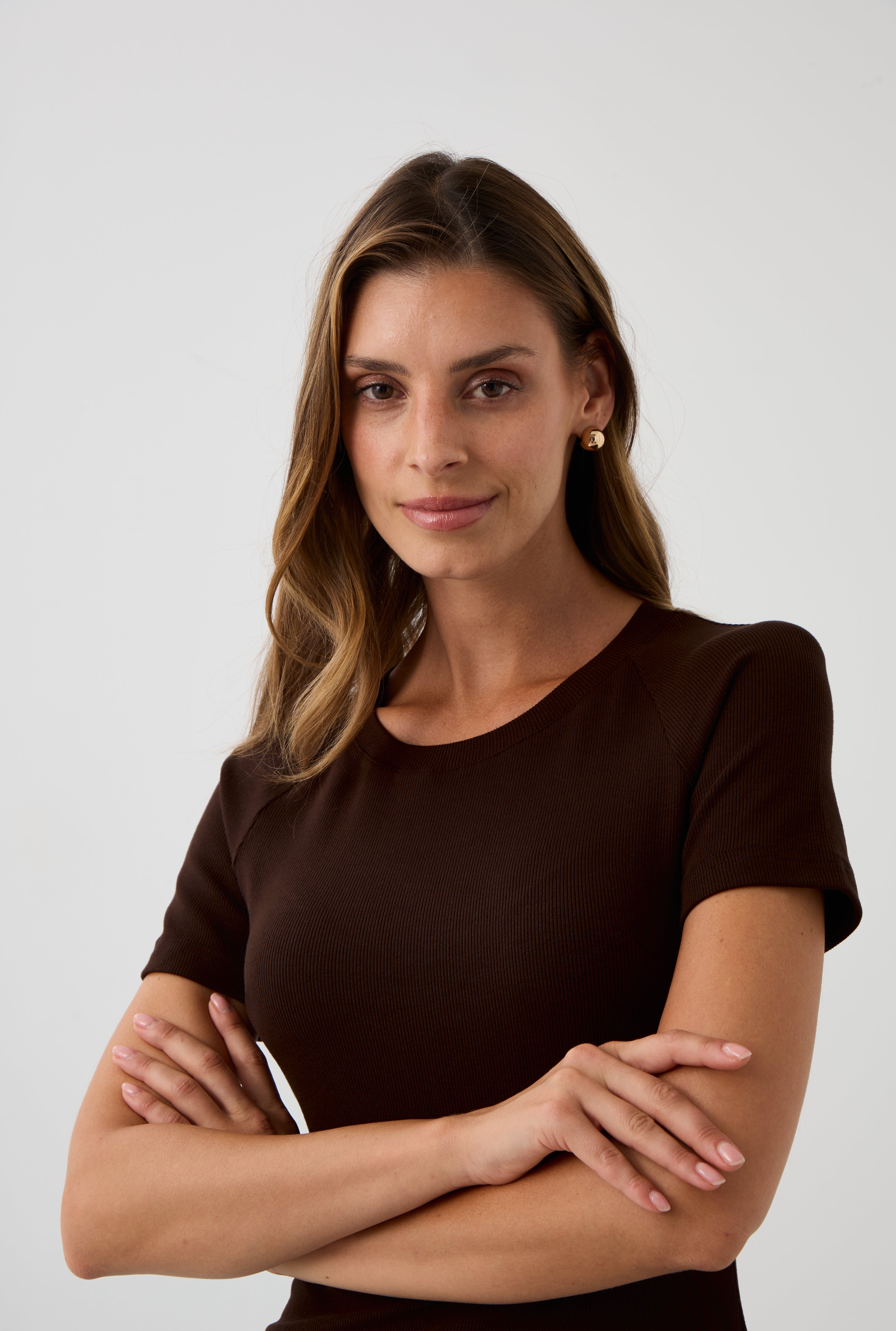 Bluzka SAWCIA Z KRÓTKIM RĘKAWEM roast coffee prążek