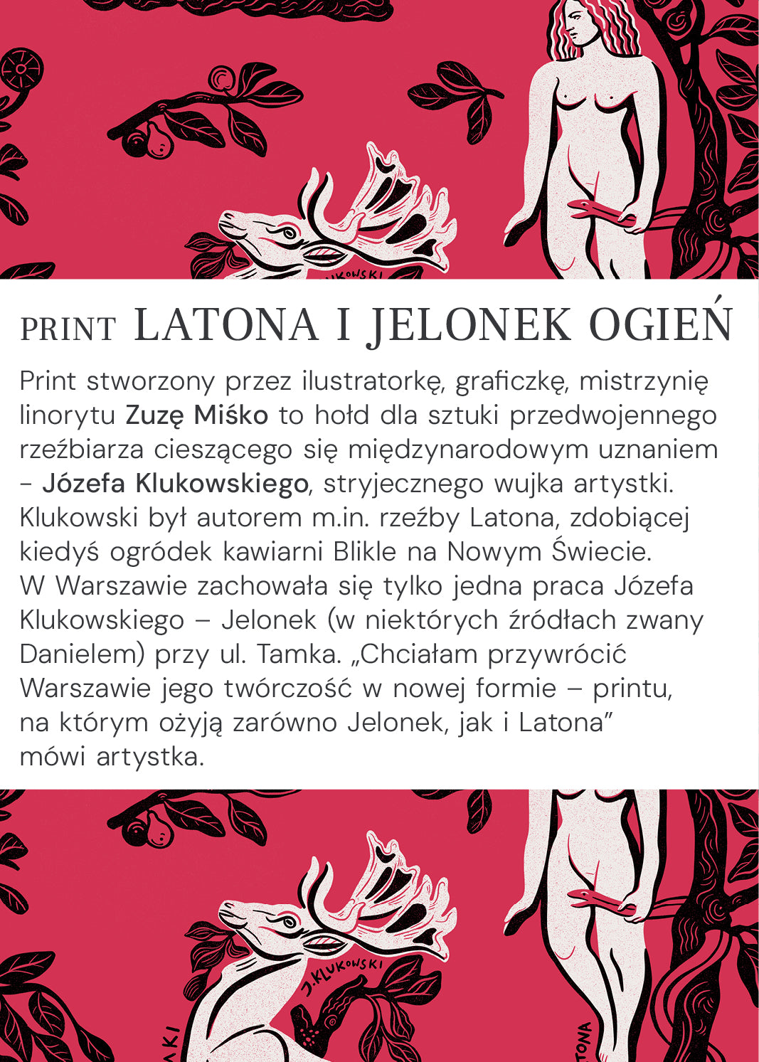Print Latona i Jelonek Ogien – graficzny wzór z kobietą i jeleniem na czerwonym tle