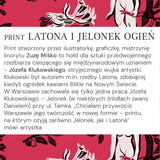 Print Latona i Jelonek Ogien – graficzny wzór z kobietą i jeleniem na czerwonym tle