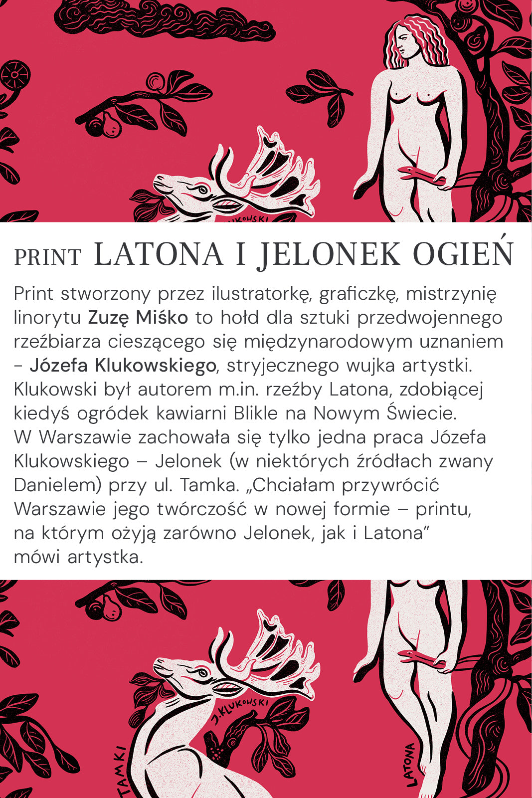 Print Latona i Jelonek Ogien – graficzny wzór z kobietą i jeleniem na czerwonym tle