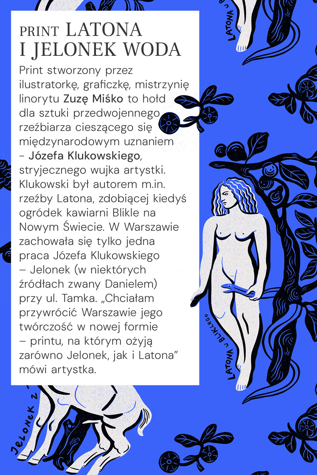 Print Latona i Jelonek Woda – artystyczny wzór z kobietą i drzewem, inspirowany rzeźbą Klukowskiego, w niebiesko-czarnych kolorach