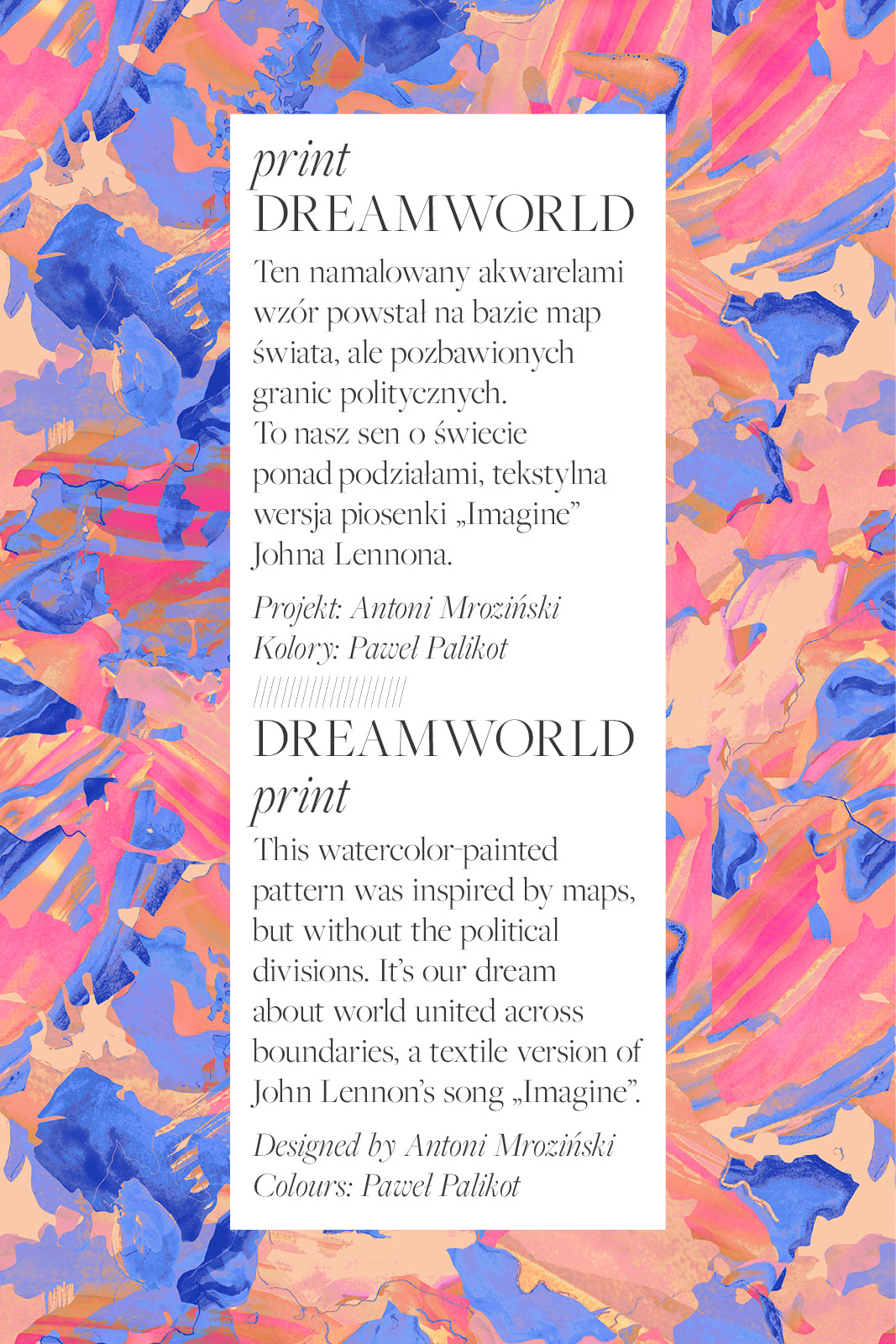 Wzór DREAMWORLD – akwarelowy print inspirowany mapą świata bez granic, tekstylna wersja „Imagine” Johna Lennona