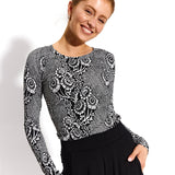 SAWCIA Z DŁUGIM RĘKAWEM print koronkowa robota na czerni