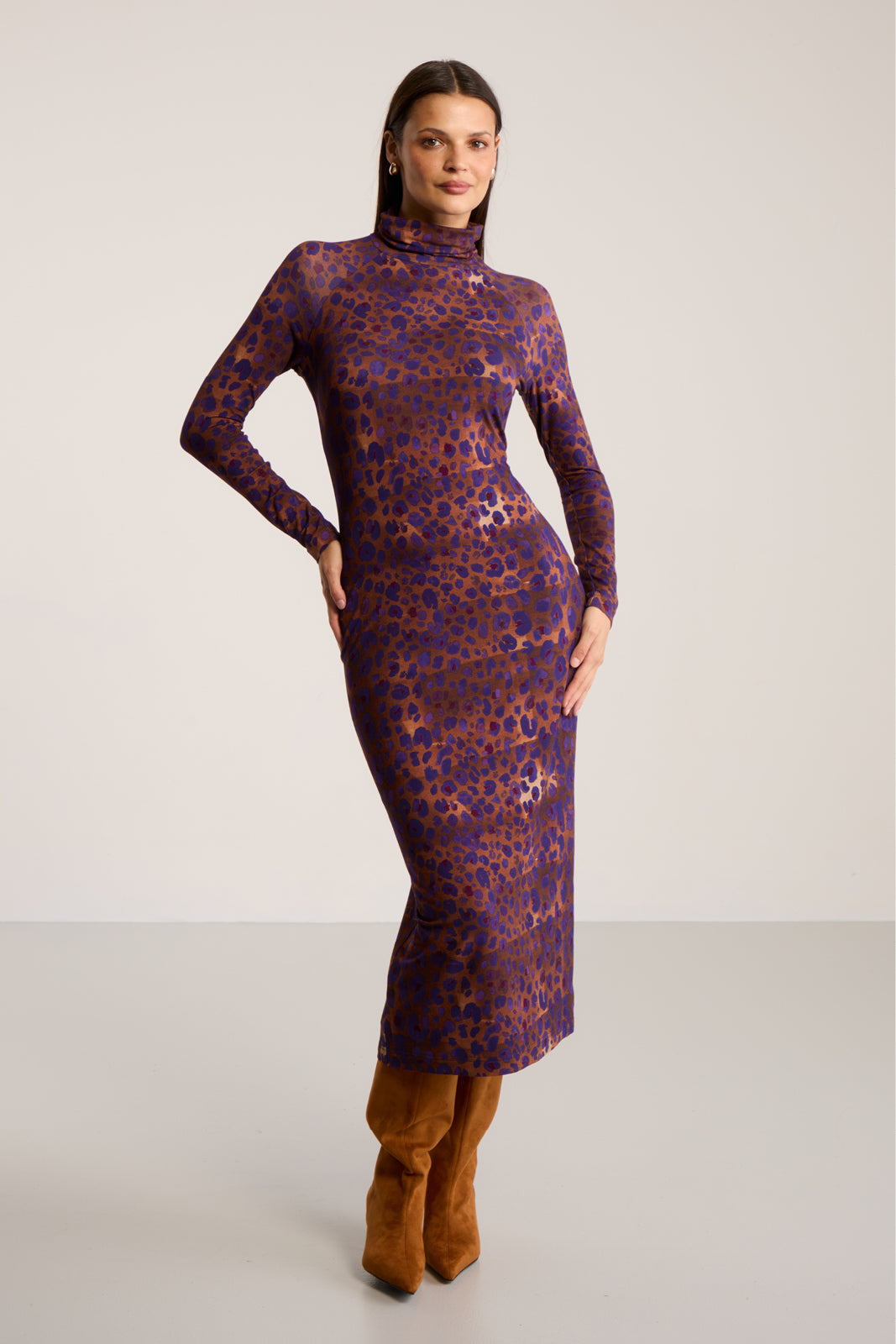 Dress SKINCITY TURTLENECK MAXI burgundy leopard print