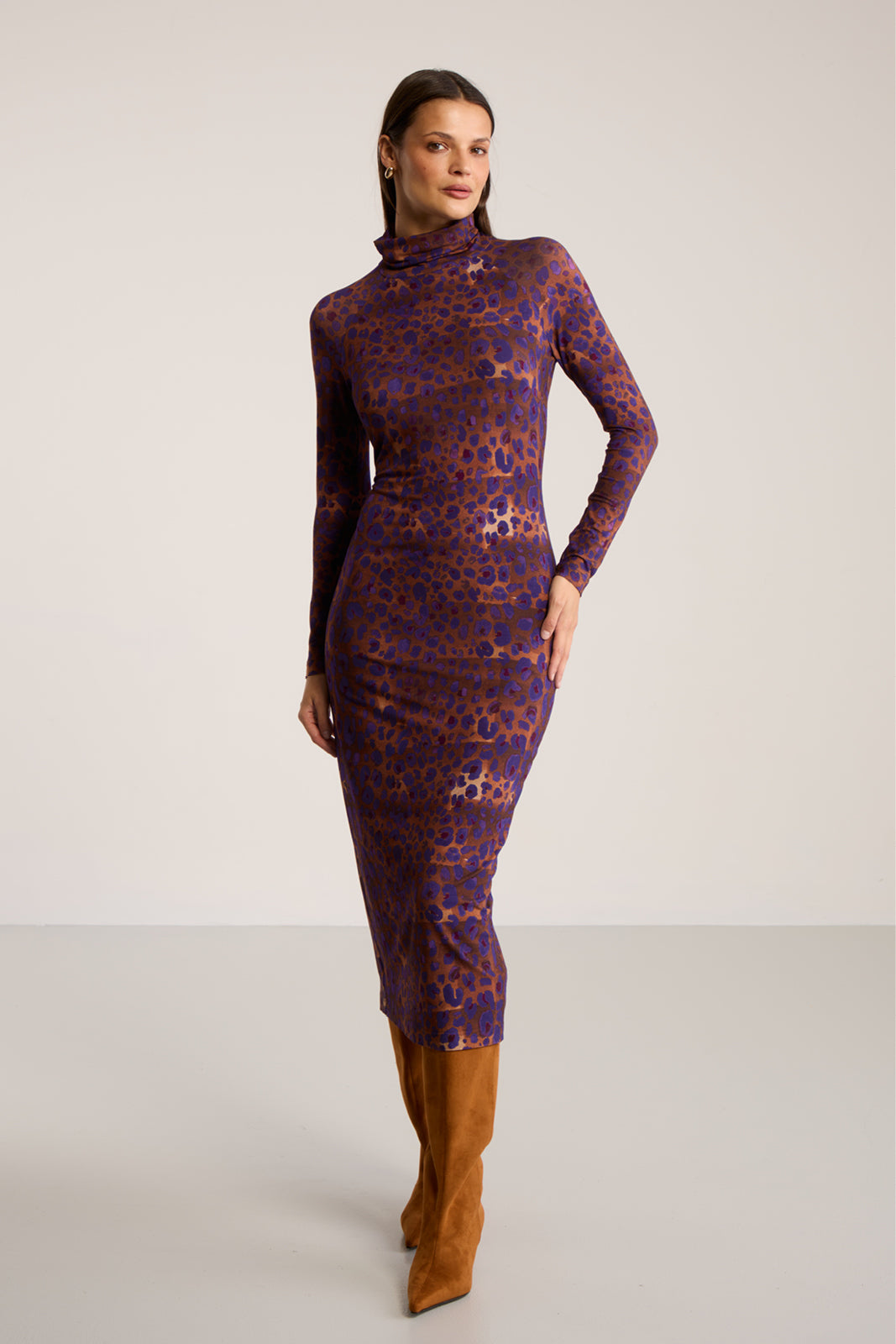 Dress SKINCITY TURTLENECK MAXI burgundy leopard print