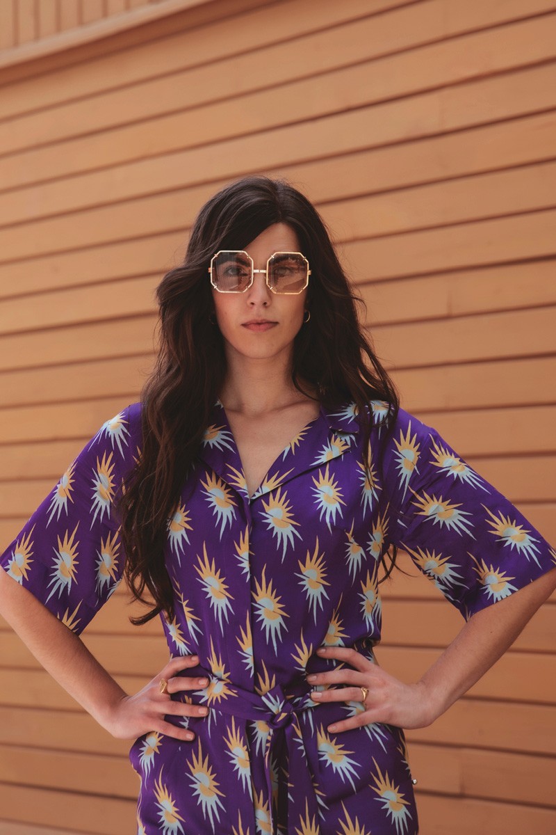 HERE COMES THE SUN suns on violet print