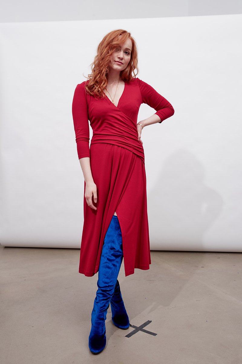 WRAP DRAPED DRESS deep red