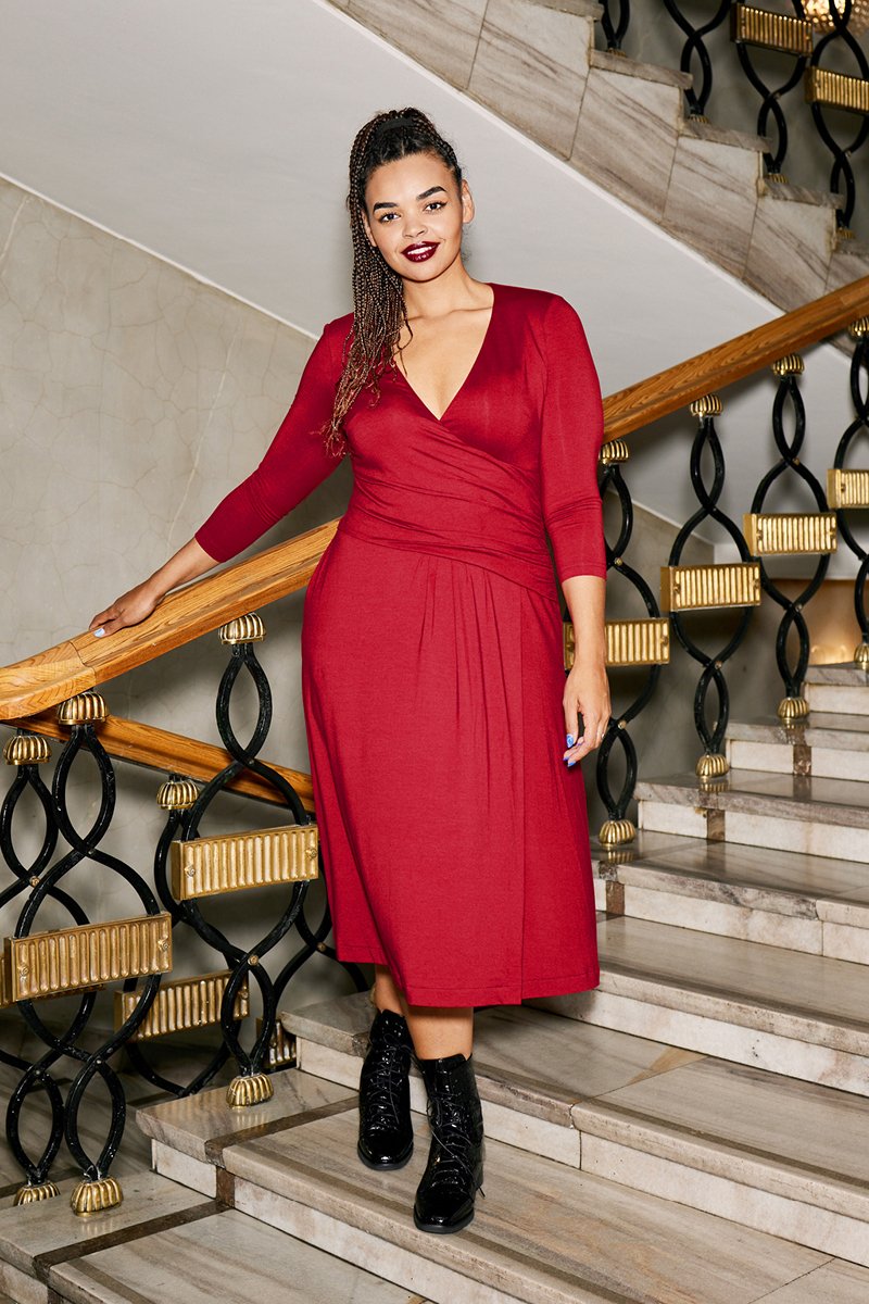 WRAP DRAPED DRESS deep red