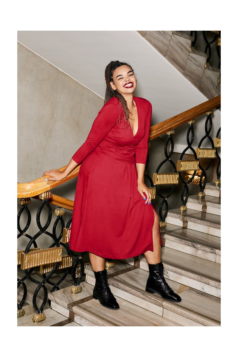 WRAP DRAPED DRESS deep red