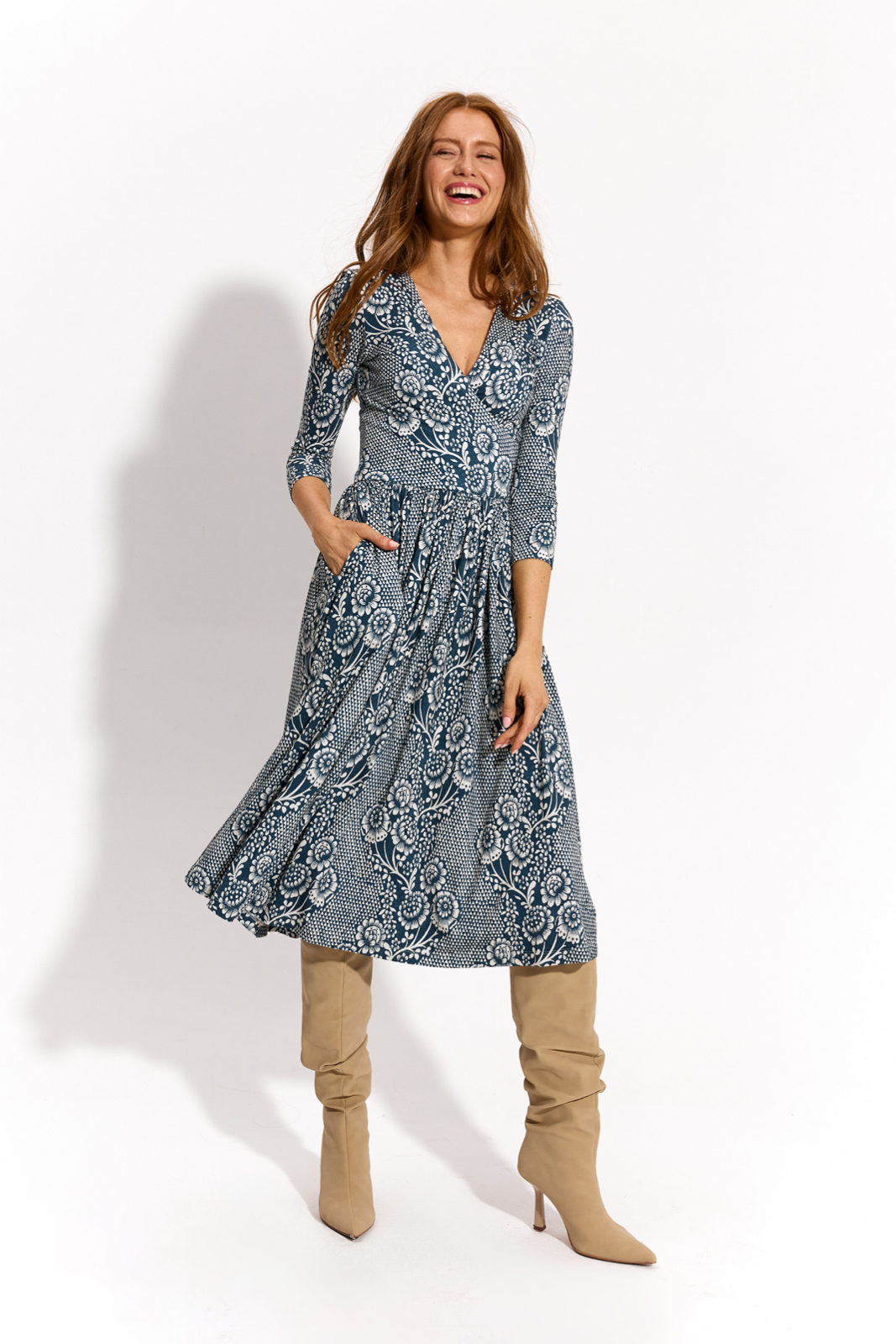 WRAP DRESS lacework on blue print WRAP DRESS lacework on blue print