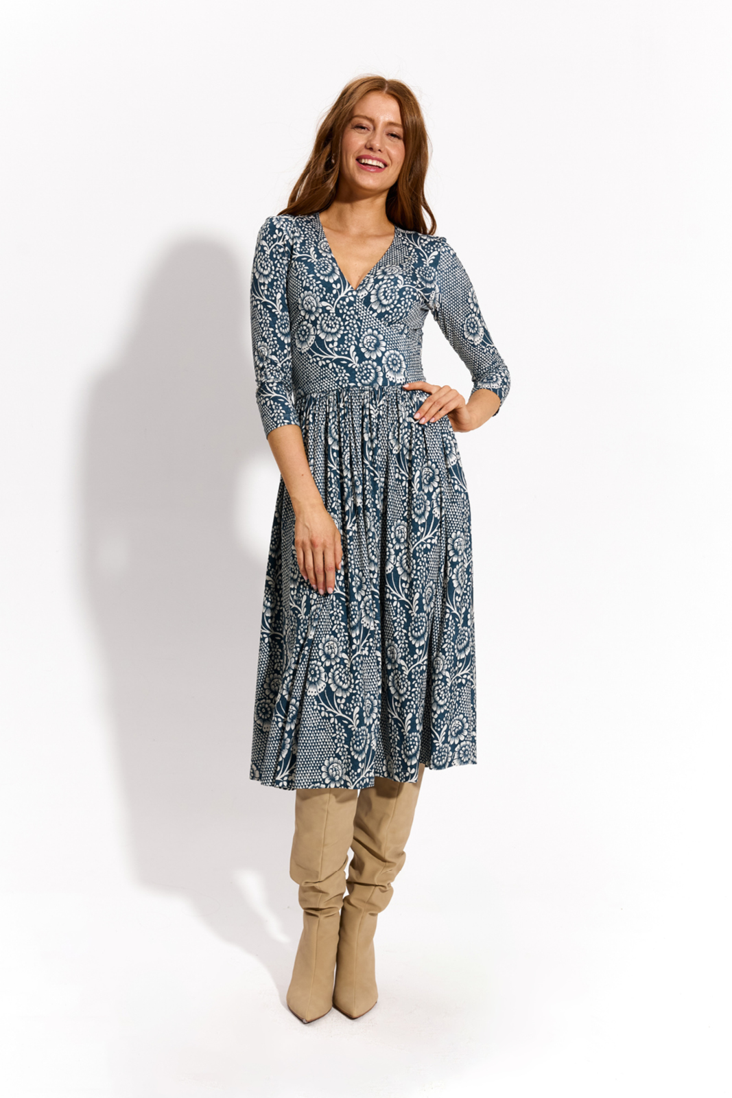 WRAP DRESS lacework on blue print WRAP DRESS lacework on blue print