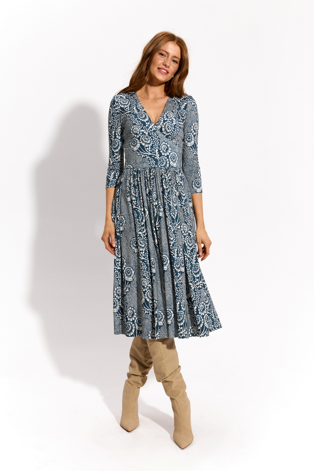 WRAP DRESS lacework on blue print WRAP DRESS lacework on blue print