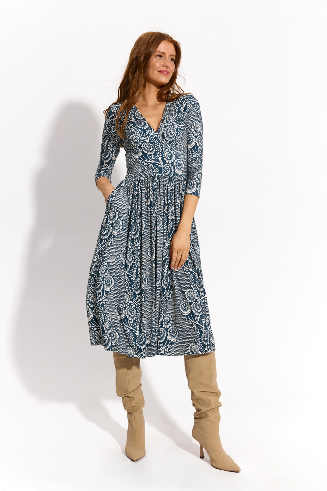 WRAP DRESS lacework on blue print WRAP DRESS lacework on blue print